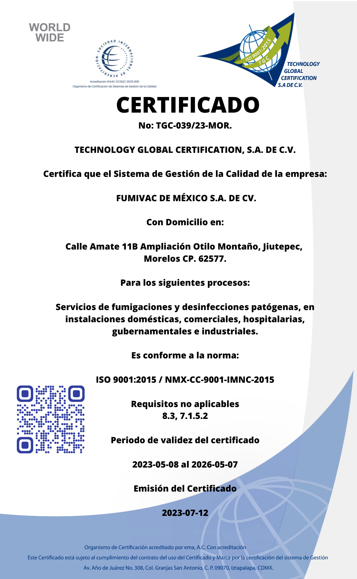 FUMIVAC cert